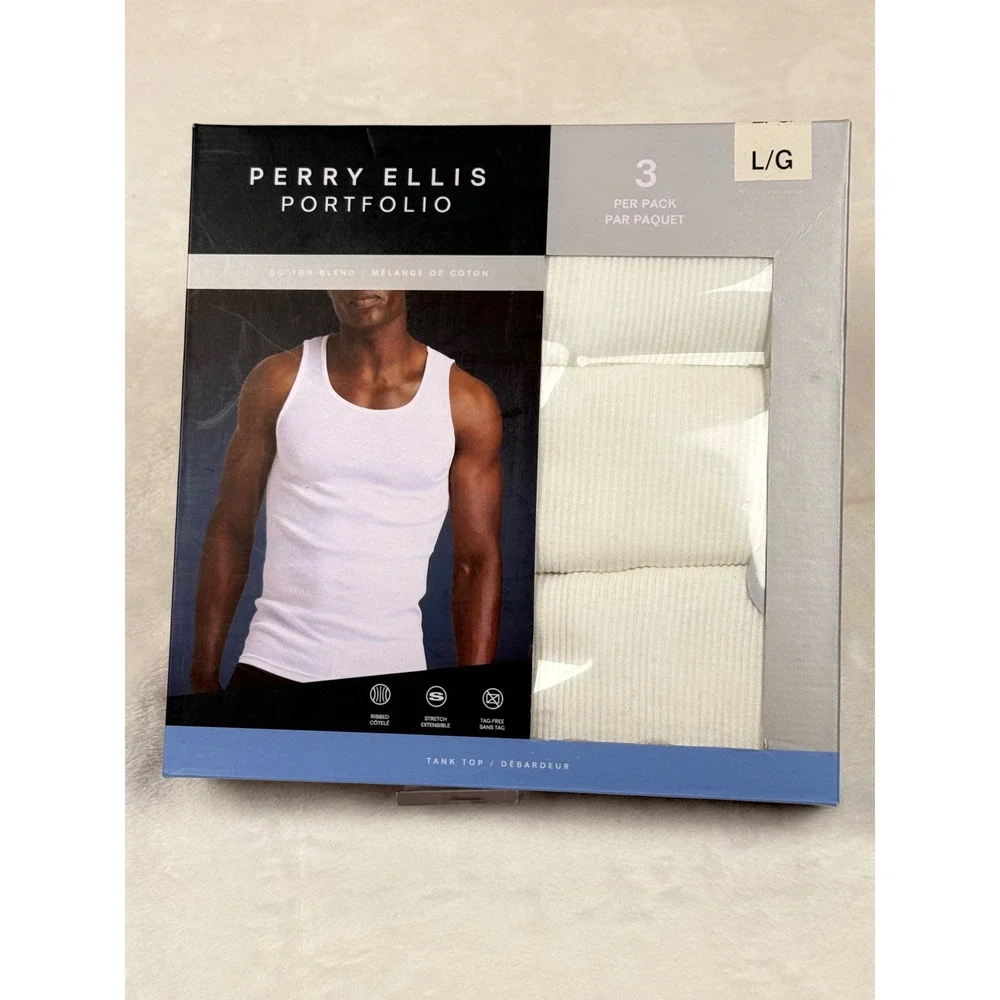 Perry Ellis Portfolio Mens 3 Pack Ribbed Tank Tops White Cotton Blend Large New